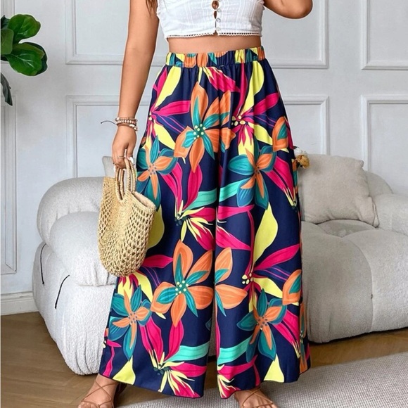 Boho Plus Size Floral Tropical Print Wide Leg Palazzo Pants - Picture 1 of 7